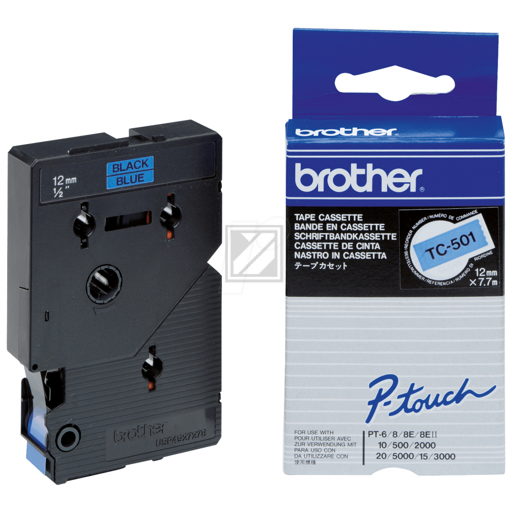 TC501 BROTHER PT Schriftband 12mm blau schwarz 7,7 Meter laminiert