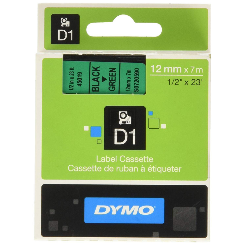 S0720590 DYMO D1 Schriftband 12mm schwarz gruen 7 Meter