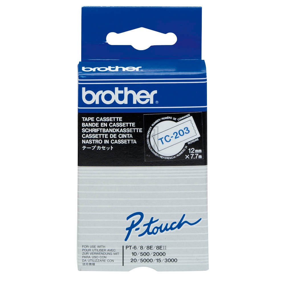 TC203 BROTHER PT Schriftband 12mm weiss blau 7,7 Meter laminiert
