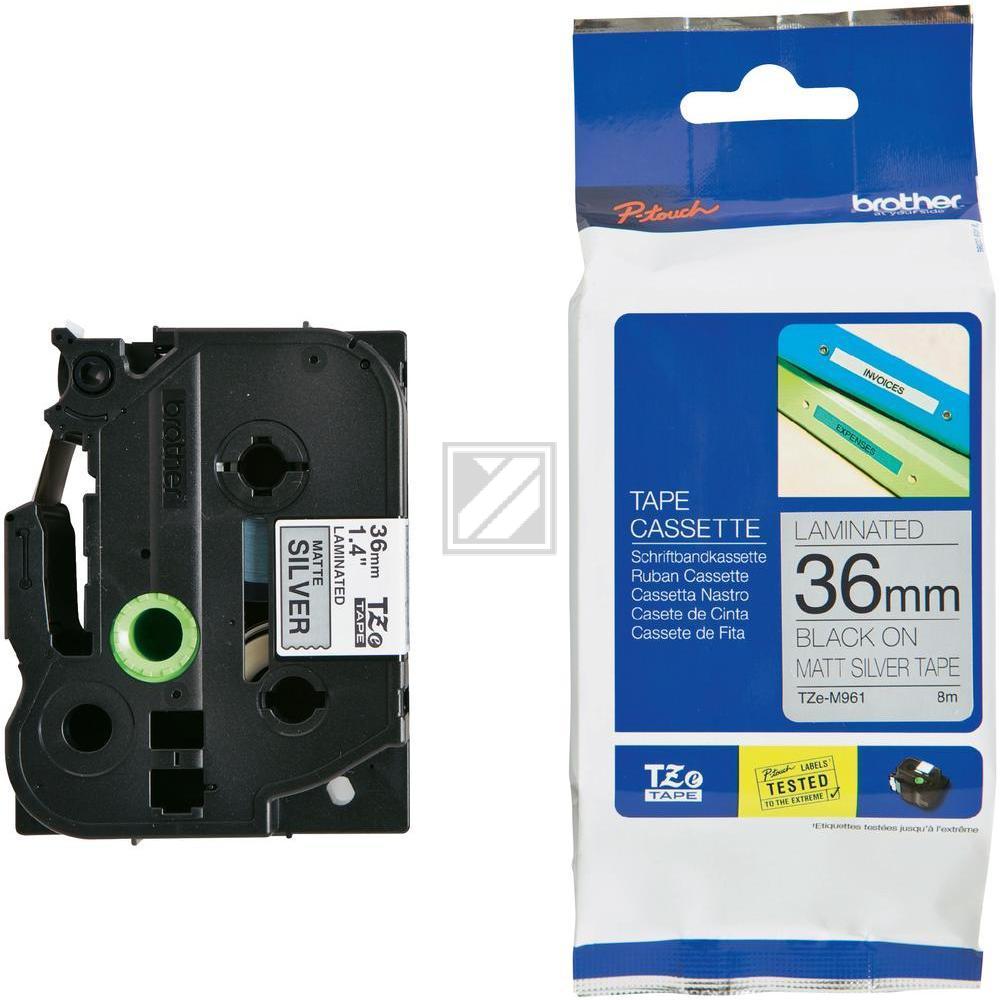TZEM961 BROTHER PT Schriftband 36mm silber schwarz 8 Meter laminiert matt