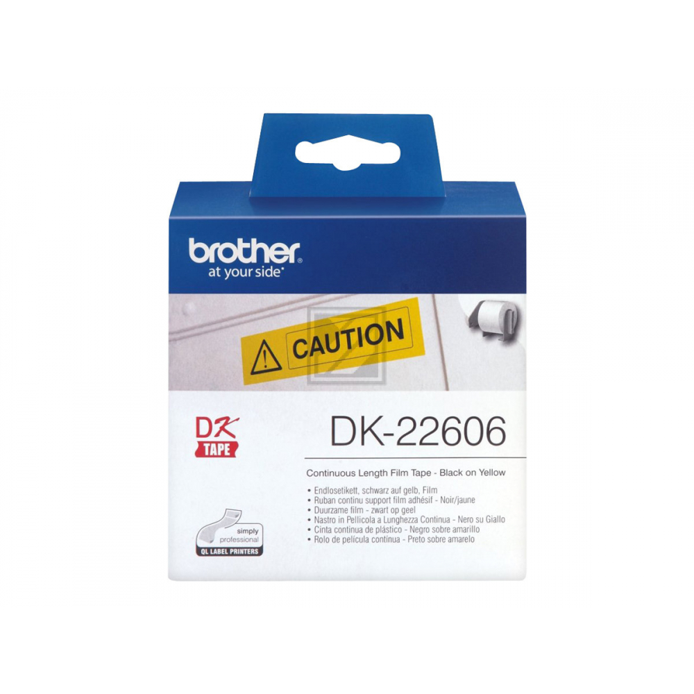 DK22606 BROTHER QL550 Etikettenrolle 62mm gelb schwarz 15,24 Meter permanent