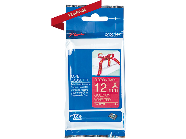 TZERW34 BROTHER PTOUCH 12mm GOLD-WEINROT Schriftband 4m nicht klebend