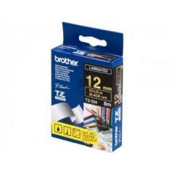 TZE334 BROTHER PT Schriftband 12mm schwarz gold 8 Meter laminiert
