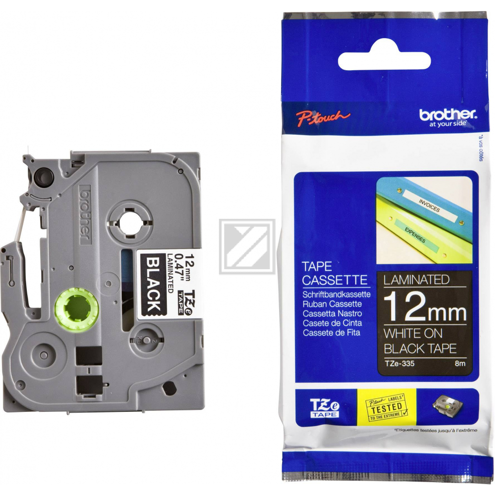 TZE335 BROTHER PT Schriftband 12mm schwarz weiss 8 Meter laminiert