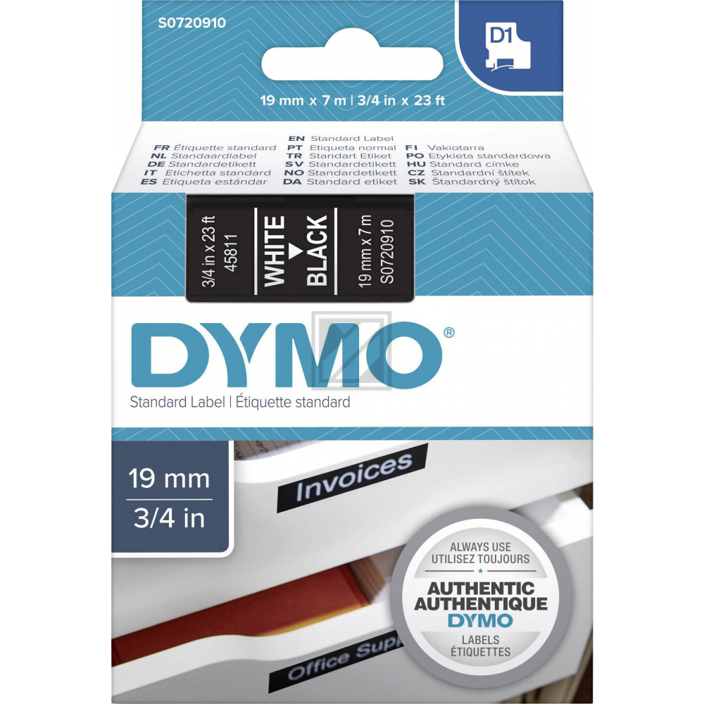 S0720910 DYMO D1 Schriftband 19mm weiss schwarz 7 Meter