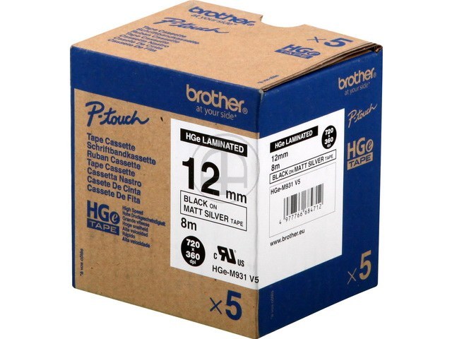 HGEM931 BROTHER 12mm(5) MATT SILBER-SCHW Schriftband 8m laminiert