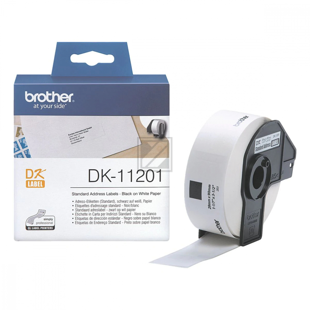 DK11201 BROTHER QL550 Etikettenrolle 29x90mm weiss schwarz 400 Stück