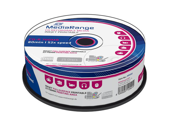 MEDIARANGE CDR80 700MB 52x IW (25) CB MR202 Cake Box inkjet printable