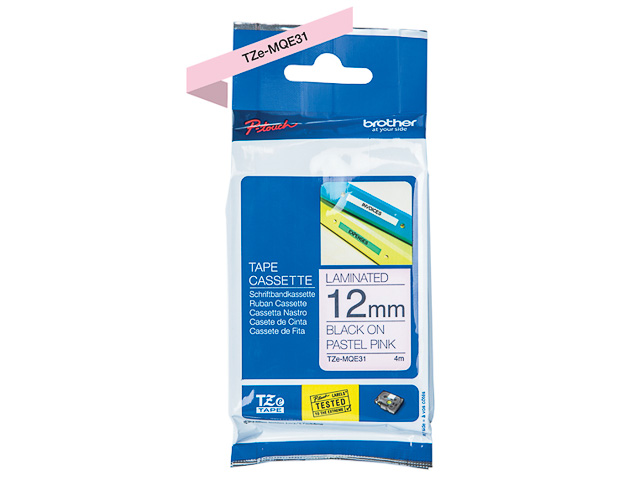 TZEMQE31 BROTHER PT 12mm SCHWARZ-ROSA pastell Schriftband 4m laminiert