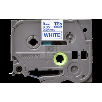 TZE223 BROTHER PT Schriftband 9mm weiss blau 8 Meter laminiert