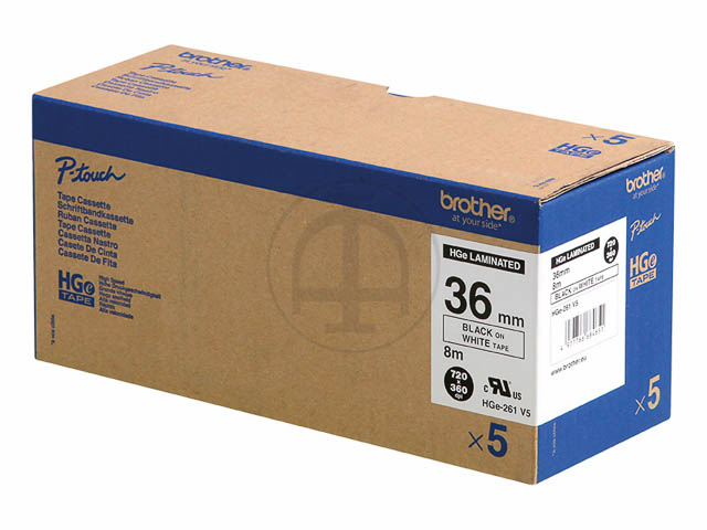 HGE261 BROTHER PTOUCH 36mm (5) WEISS-SCH Schriftband 8m laminiert