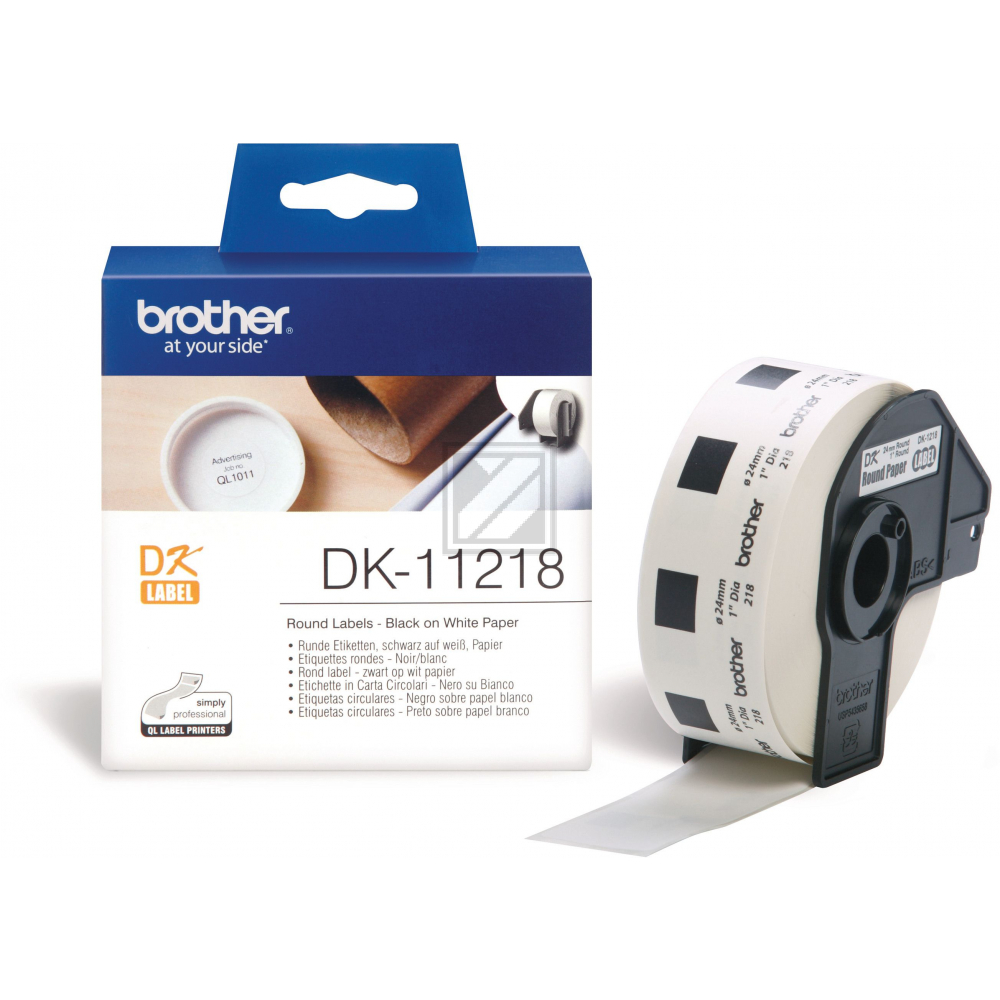 DK11218 BROTHER QL550 Etikettenrolle 24mm weiss schwarz 1000 Stück rund