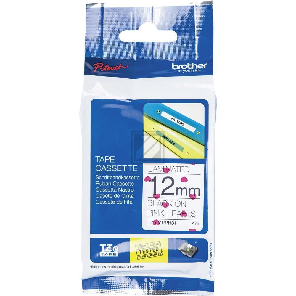 TZEMPPH31 BROTHER PT Schriftband 12mm schwarz rosa 4 Meter laminiert