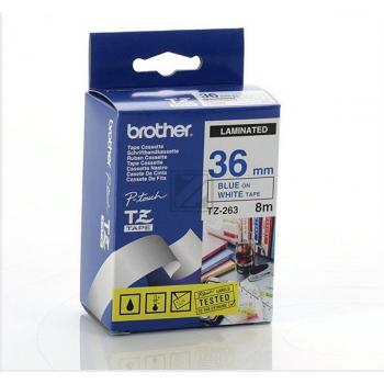 TZE263 BROTHER PT Schriftband 36mm weiss blau 8 Meter laminiert