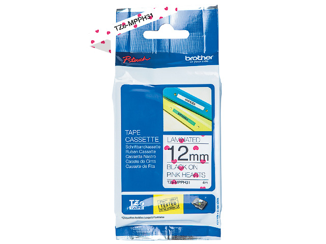 TZEMPPH31 BROTHER PT 12mm SCHWARZ-ROSA Schriftband 4m laminiert mit rosa Herzen