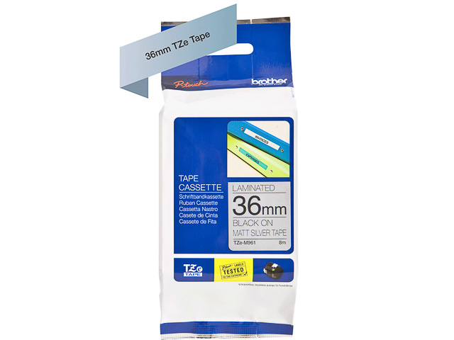 TZEM961 BROTHER 36mm MATT SILBER-SCHWARZ Schriftband 8m laminiert