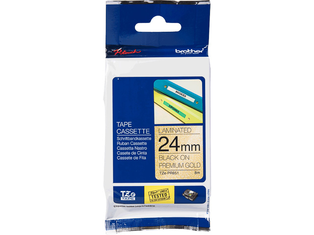 TZEPR851 BROTHER PT 24mm SCHWARZ-GOLD Schriftband 8m laminiert