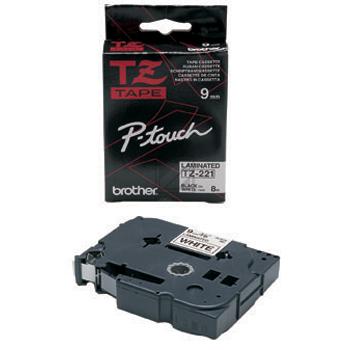 TZE221 BROTHER PT Schriftband 9mm weiss schwarz 8 Meter laminiert