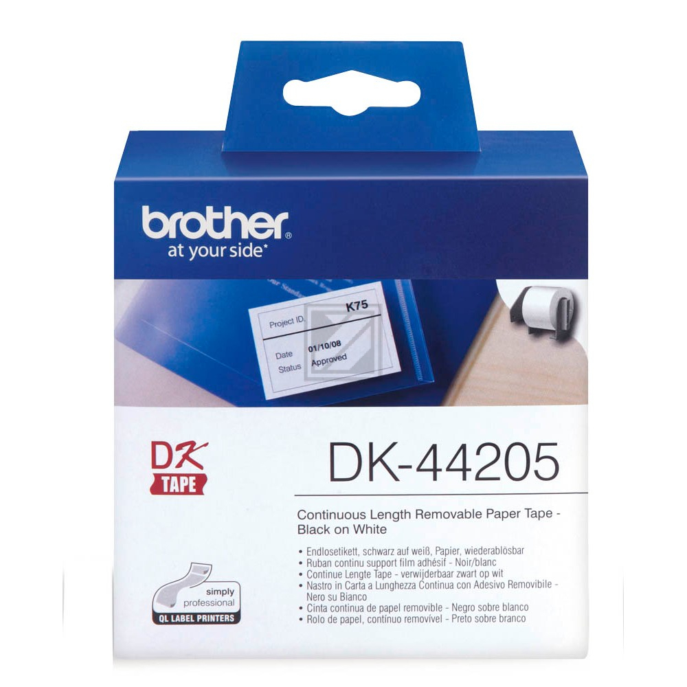 DK44205 BROTHER QL550 Etikettenrolle 62mm weiss schwarz 30,48 Meter abloesbar