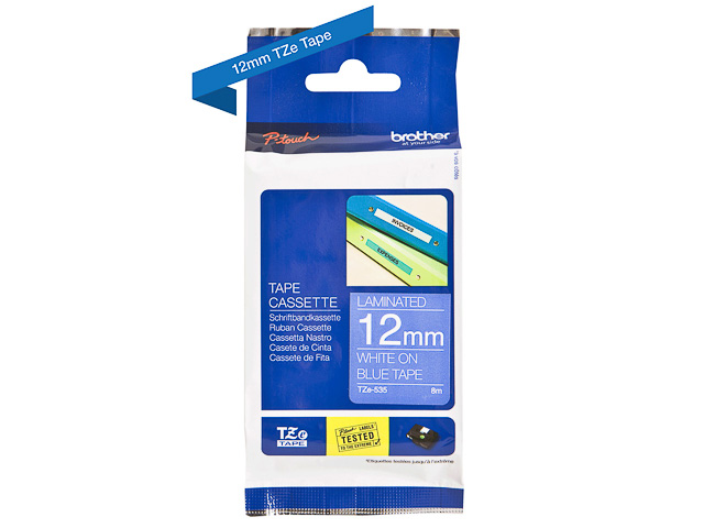 TZE535 BROTHER PTOUCH 12mm BLAU-WEISS Schriftband 8m laminiert