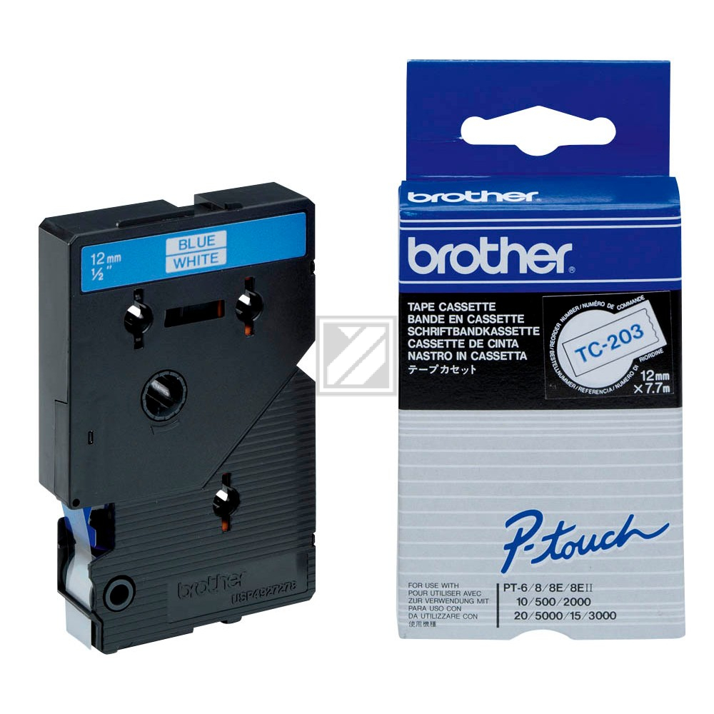 TC203 BROTHER PT Schriftband 12mm weiss blau 7,7 Meter laminiert