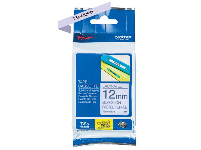 TZEMQF31 BROTHER PT 12mm SCHWARZ-LILA pastell Schriftband 4m laminiert