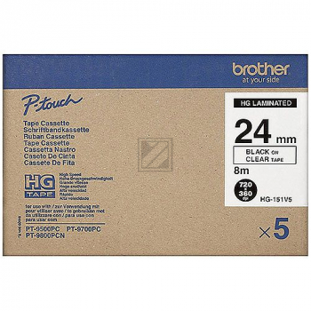 HGE151V5 BROTHER PT Schriftband (5) 24mm klar schwarz 5x8 Meter laminiert