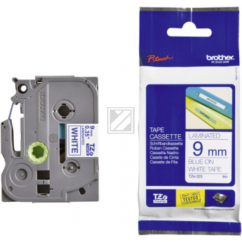 TZE223 BROTHER PT Schriftband 9mm weiss blau 8 Meter laminiert