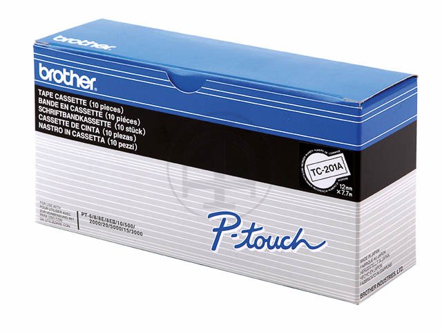 TC201A BROTHER PTOUCH 12mm(10) WEISS-SW Schriftband 7,7m laminiert