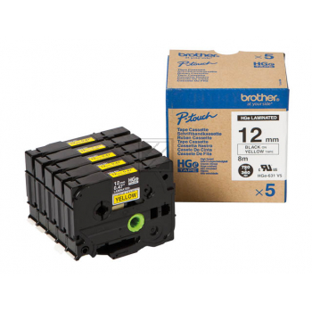 HGE631V5 BROTHER PT Schriftband (5) 12mm gelb schwarz 5x8 Meter laminiert