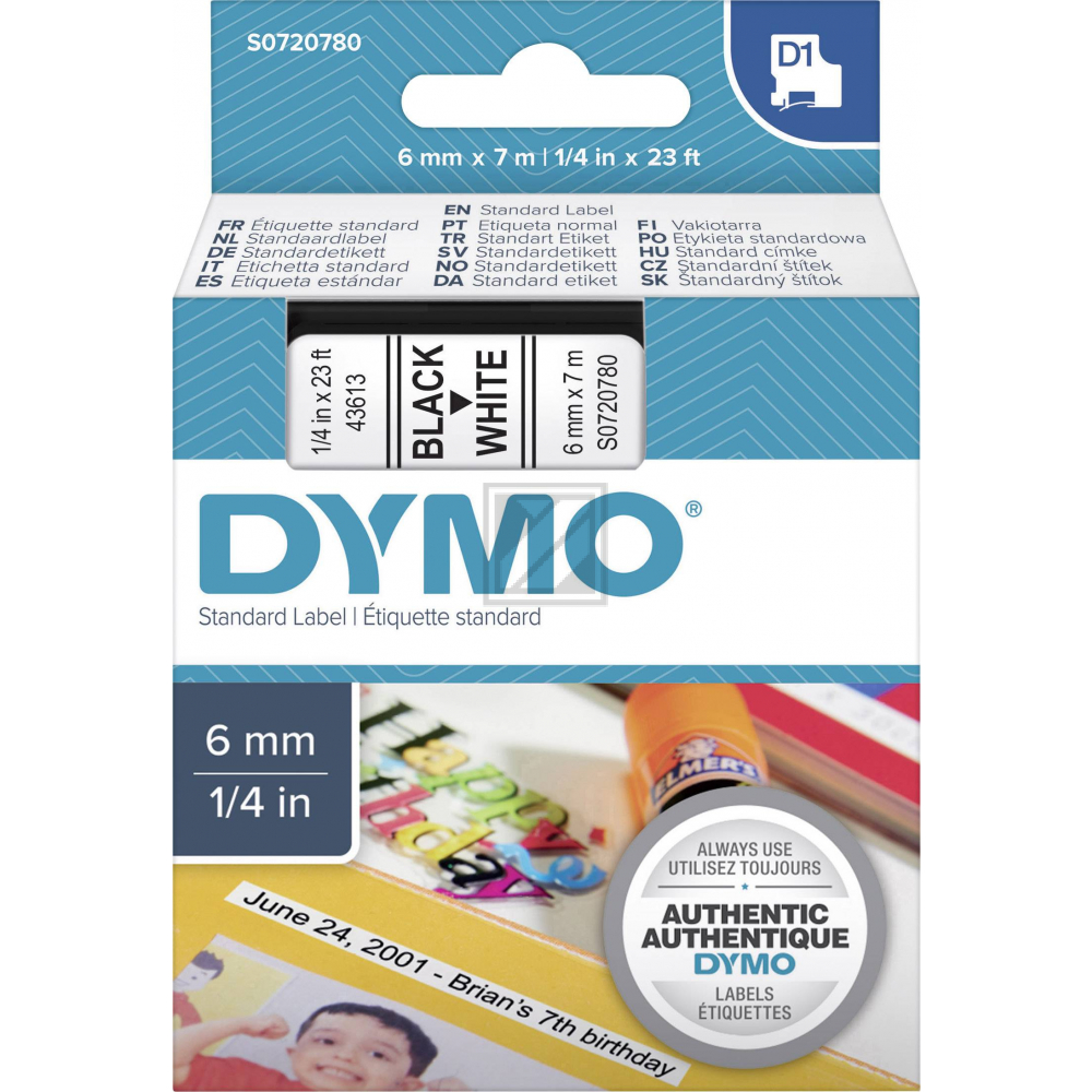 S0720780 DYMO D1 Schriftband 6mm schwarz weiss 7 Meter