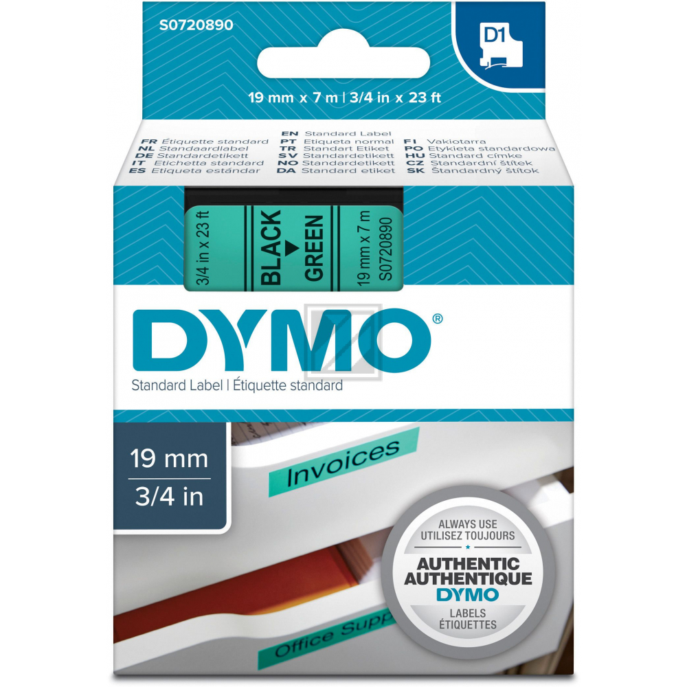 S0720890 DYMO D1 Schriftband 19mm schwarz gruen 7 Meter