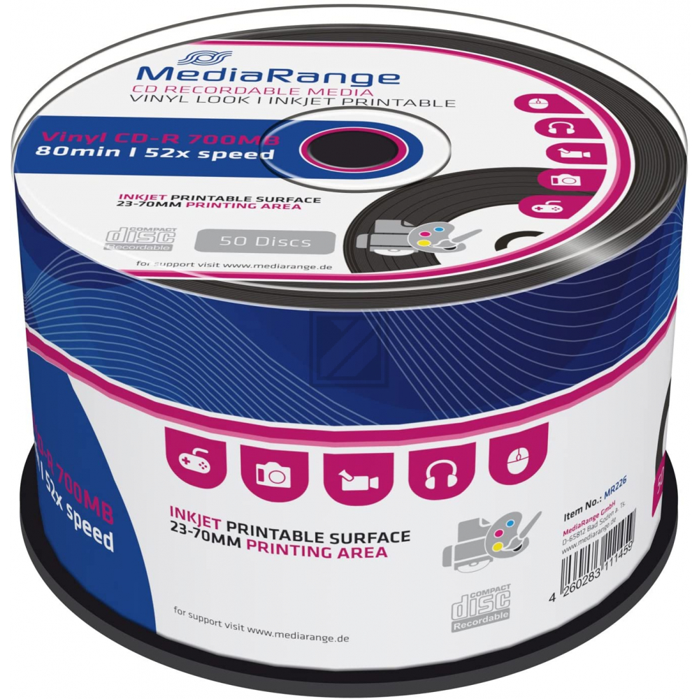 MEDIARANGE CDR80 700MB 52x IW (50) CB MR226 Cake Box inkjet printable