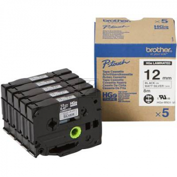 HGEM931V5 BROTHER PT Schriftband (5) 12mm silber schwarz 5x8 Meter laminiert