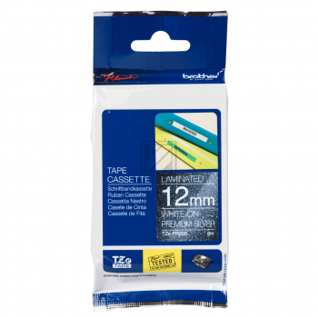TZEPR935 BROTHER PT Schriftband 12mm weiss silber 8 Meter laminiert