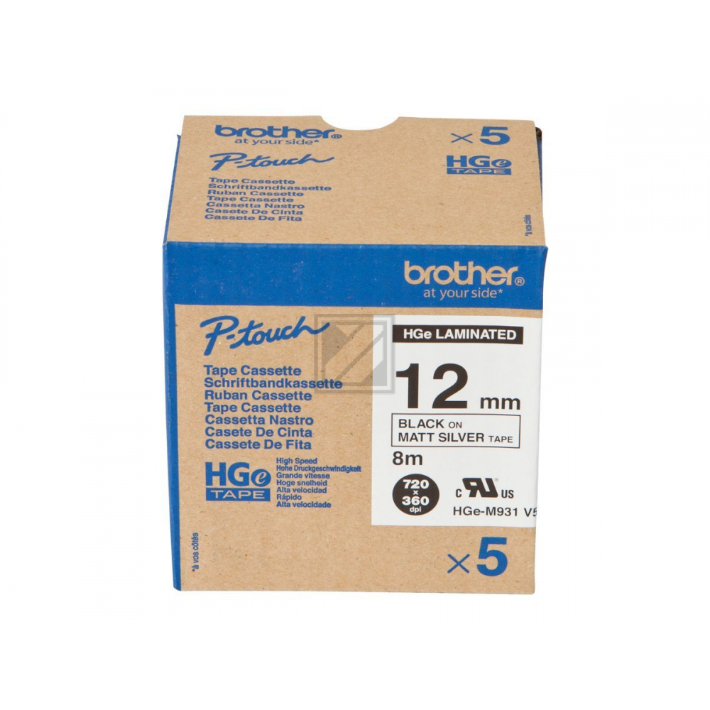 HGEM931V5 BROTHER PT Schriftband (5) 12mm silber schwarz 5x8 Meter laminiert